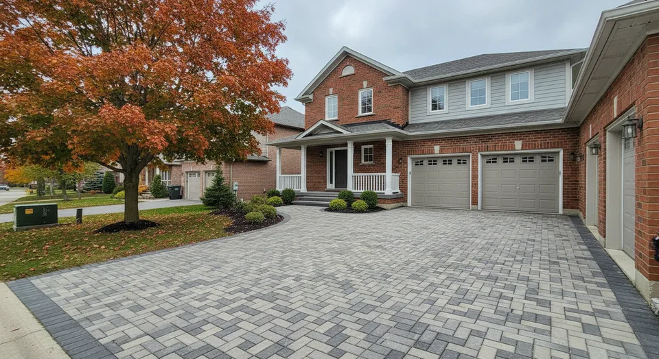 A newly laid interlocking paver driveway and front walkway at a two-storey house in Cambridge, Ontario